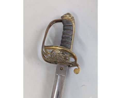 A Victorian 1854 pattern Infantry Officers sword, stamped 1834 to blade spine and having Queen Victoria cypher to hilt, with 