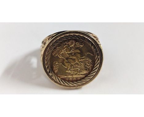 A 1908 Edward VII half sovereign, set in a 9ct gold ring, 11.6gLocation: 