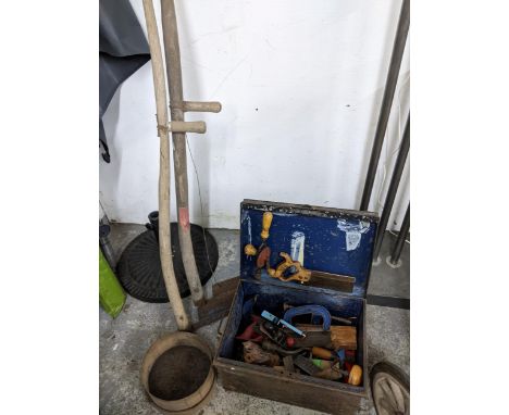 Tools to include a tin chest containing vintage saws, G-clamps, woodworking plane, drill and others, along with a flour sieve