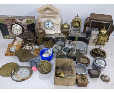 A mixed lot of clocks and clock parts to include a marble clock, reproduction lantern clocks and other items, Location: 