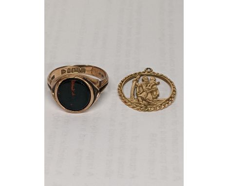 A 9ct gold gents signet ring together with a 9ct gold St Christopher pendant, total weight 6.6gLocation: 