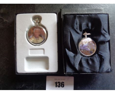 POCKET WATCHES X 2 - 1 NELSON MANDELA AND 1 4468 MALLARD STEAM ENGINE