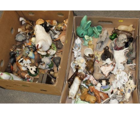 TWO TRAYS OF CERAMIC AND OTHER ANIMAL FIGURES TO INC SYLVAC STYLE RABBIT FIGURES, ART DECO STYLE BOOKENDS, ROYAL COPENHAGEN E