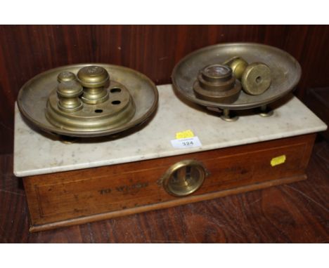A SET OF VINTAGE SCALES AND BRASS WEIGHTS BY MAY ROBERTS AND CO