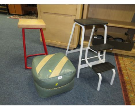 A VINTAGE POUFFEE, TWO STOOLS ETC (4)