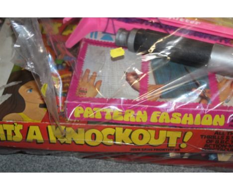 TWO BAGS AND A BOX OF VINTAGE BOARD GAMES ETC