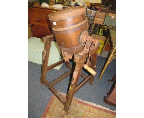 A VINTAGE OAK BUTTER CHURN ON STAND "THE SHAKESPERIAN CHURN HATHAWAY MAKER CHIPPENHAM" A/F