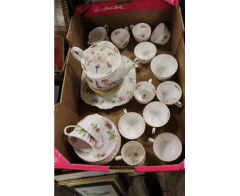 A TRAY OF VINTAGE COALPORT AND MINTON FLORAL CHINA TO INCLUDE A TEAPOT, CUPS AND SAUCERS ETC.  