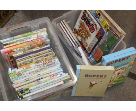 TWO BOXES OF VINTAGE AND MODERN COMICS AND ANNUALS TOGETHER WITH A SMALL QUANTITY OF LP RECORDS