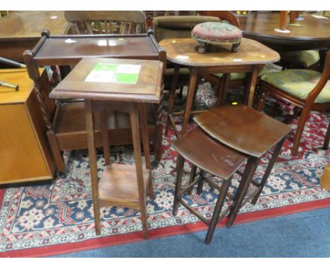 A VINTAGE OAK OCCASIONAL TABLE, TILE TOP PLANT STAND, VICTORIAN STOOL, TROLLEY ETC (QTY)