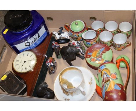 A BOX OF ORIENTAL CHINA, DEL PRADO FIGURES ETC PARKER QUINK JAR, VINTAGE CAMERA AND WESTFORD MANTLE CLOCK ETC