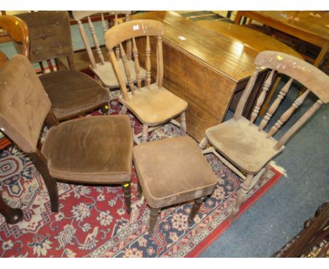 THREE VINTAGE WINDSOR KITCHEN CHAIRS WITH TWO UPHOLSTERED CHAIRS AND A STOOL (5)
