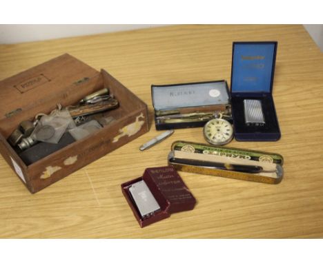 A BOX OF COLLECTABLES TO INCLUDE PENKNIVES, VINTAGE LIGHTERS ETC 