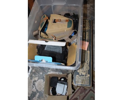 A BOX OF CAMERAS AND ACCESSORIES TO INC A NIKON D40X , SLICK TRIPOD ETC