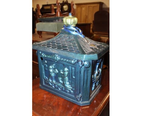 A VINTAGE CAST POST BOX WITH KEY AND STAND