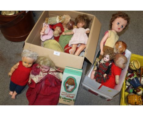 TWO BOXES OF VINTAGE TOY DOLLS TO INCLUDE A PORCELAIN HEADED DOLL SIGNED HALBIG