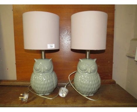 A PAIR OF MODERN CERAMIC OWL TABLE LAMPS AND SHADES