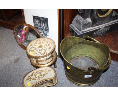 A VINTAGE BRASS COAL SCUTTLE TOGETHER WITH TWO  CHEST OF DRAWS SHAPED JEWELLERY BOXES, CAT AND MOUSE MIRROR AND THREE PRINTS
