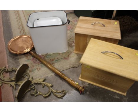 AN ENAMEL BREAD BIN, TOGETHER WITH TWO MODERN WOODEN EXAMPLES, ROCOCO STYLE GILT METAL WALL SHELF ETC. 