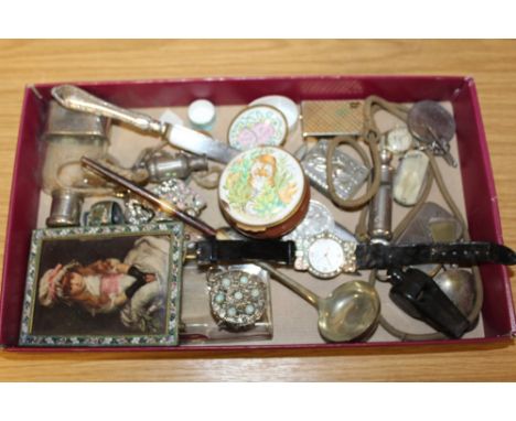 A BOX OF COLLECTABLES TO INCLUDE VINTAGE WHISTLES, ENAMEL PILL BOXES, MICRO MOSAIC PICTURE FRAME ETC