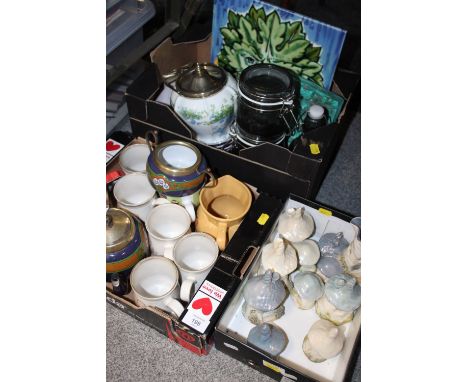 THREE BOXES OF CERAMICS ETC TO INC A MACKINTOSH PATTERN THREE PC ENAMEL TEASET, GREENMAN  TILE, DENBY, ETC.