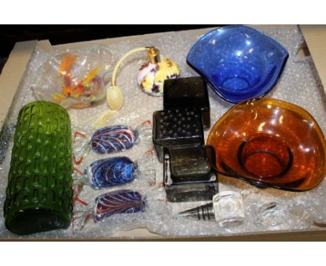 A BOX OF VINTAGE GLASS SWEETS, PERFUME BOTTLES ETC
