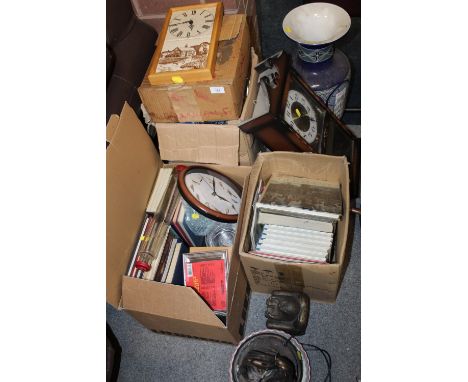 A LARGE QUANTITY OF HOUSEHOLD SUNDRIES TO INCLUDE WALLCLOCKS, BOOKS, LARGE CERAMIC VASE ETC