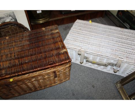 TWO WICKER HAMPER BASKETS - ONE WITH CONTENTS 