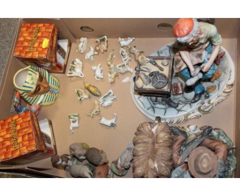 A BOX OF CERAMIC FIGURES ETC TO INCLUDE WADE CAPO DI MONTE AND ROYAL DOULTON EXAMPLES