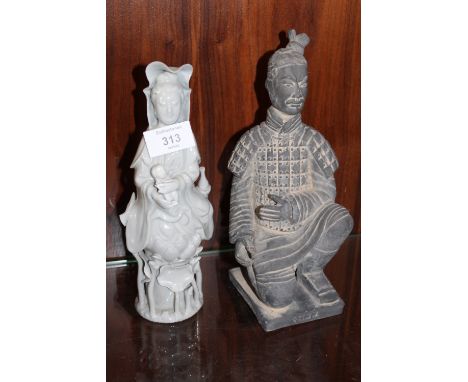 A BLANC DE CHINE STYLE FIGURE OF A GEISHA TOGETHER WITH A CERAMIC WARRIOR FIGURE 