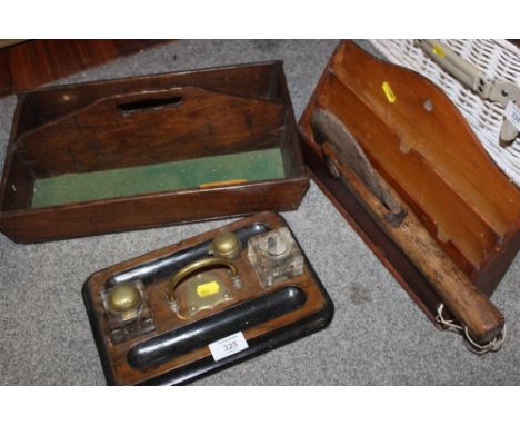 A ANTIQUE TWIN INKWELL DESK STAND TOGETHER WITH A WOODEN TRUG, LETTER RACK ETC