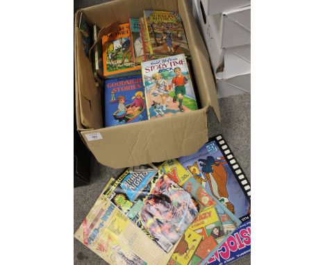 A BOX OF VINTAGE CHILDRENS BOOKS AND COMICS TO INC ENID BLYTON, LADYBIRD BOOKS ETC