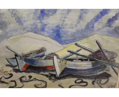 (XX). A beach scene with boats 'Fishing Boasts at Bottels Bay, Cape Peninsula, South Africa' see verso, signed lower right, m