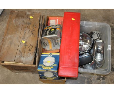 A SELECTION OF CAR PARTS, MOSTLY HEADLIGHTS TO INCLUDE LUCAS EXAMPLES
