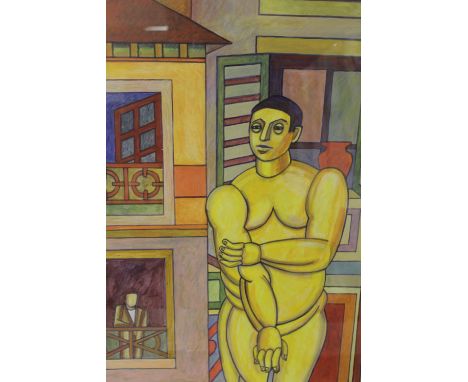 A FRAMED AND GLAZED MIXED MEDIA STUDY OF A NUDE BEFORE BUILDINGS 57CM X 43CM 