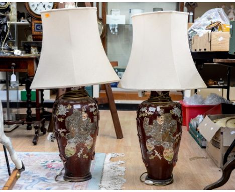A pair of Japanese lamp bases, both restored, with shades, lamps measuring approx. 62.5 cm high (2)