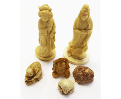 A group of six resin and ceramic faux Ivory figures and netsukes (6) 