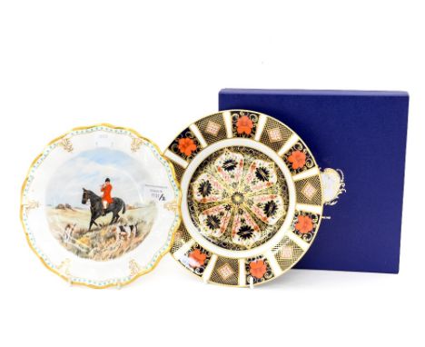 A boxed Royal Crown Derby 1128 Imari, 8 inch diameter plate, with Royal Crown Derby hand painted cabinet plate signed C.M. Pe