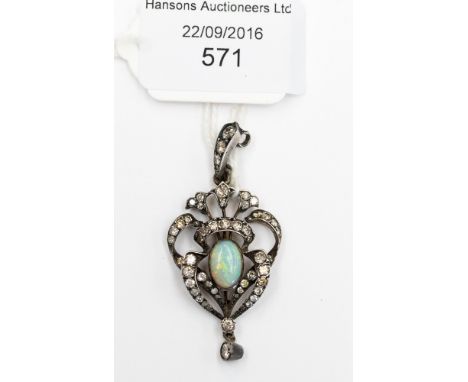 An opal and diamond set garland style drop pendant, the central opal approx. 10 mm by 7 mm, set in white metal

