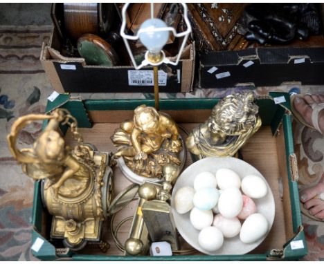 A French gilt metal mantel clock, white enamel dial, Roman numerals, together with alabaster eggs etc (1 box)