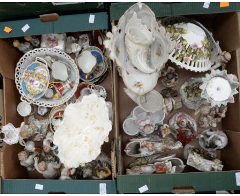 A collection of Continental figures, table centrepieces, comports, teaware, cabinet cups and saucers, Meissen style candlesti