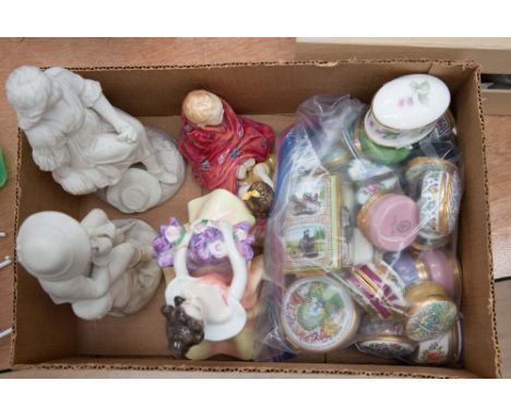 A box of ceramics, including enamel boxes, some by Halcyon Days, a pair of parian figures, and 3 Royal Doulton figures.