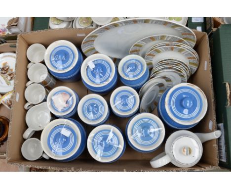 A Midwinter 'Sienna' part coffee set, with a collection of blue and white T.G. Green style storage jars - sugar, castor, rice