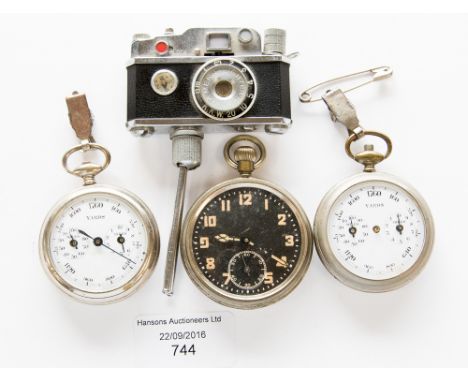 A pair of nickel cased distance fobs, a pocket with black and luminous dial and a KKW camera lighter (4)