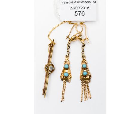 A pair of yellow metal and turquoise drop earrings (a/f), together with a 9 ct gold seed pearl and aquamarine bar brooch, app