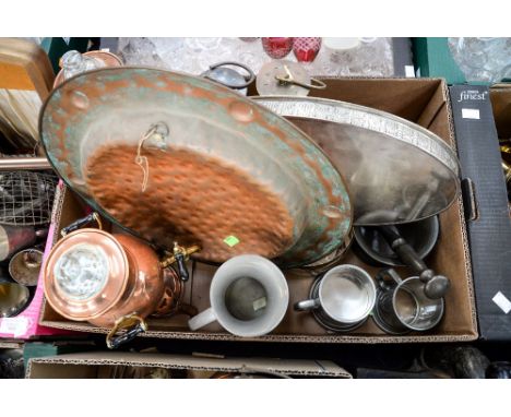 Copper ware including: two small samovars; jug; two Eccles miners' lamps, one numbered J.C.M.1; shooting stick; onyx telephon