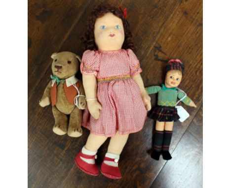 A Norah Wellings cloth and velvet doll, height 20 cm approx. together with a Chad Valley style girl doll, curly hair, painted