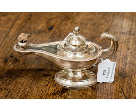 A London 1923 silver table lighter styled as an oil lamp, retailed by George Tarrant, maker's mark C & Co, gross weight appro