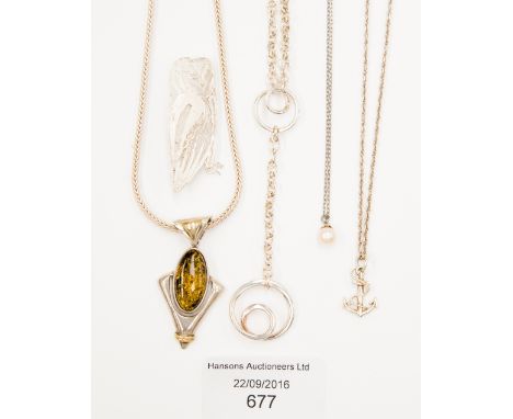 Silver jewellery to include an amber pendant and charm gross weight 17.9 grm approx., two chains with anchor and pearl pendan
