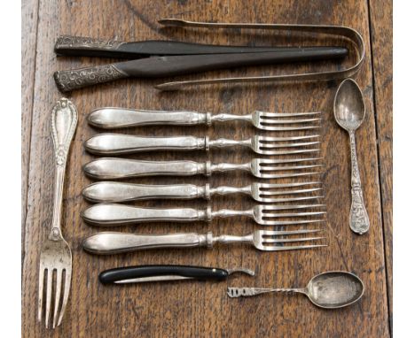 Glove stretchers with silver handles (applied) small cut-throat razor, sugar nips, fork and two spoons hallmarked, six filled